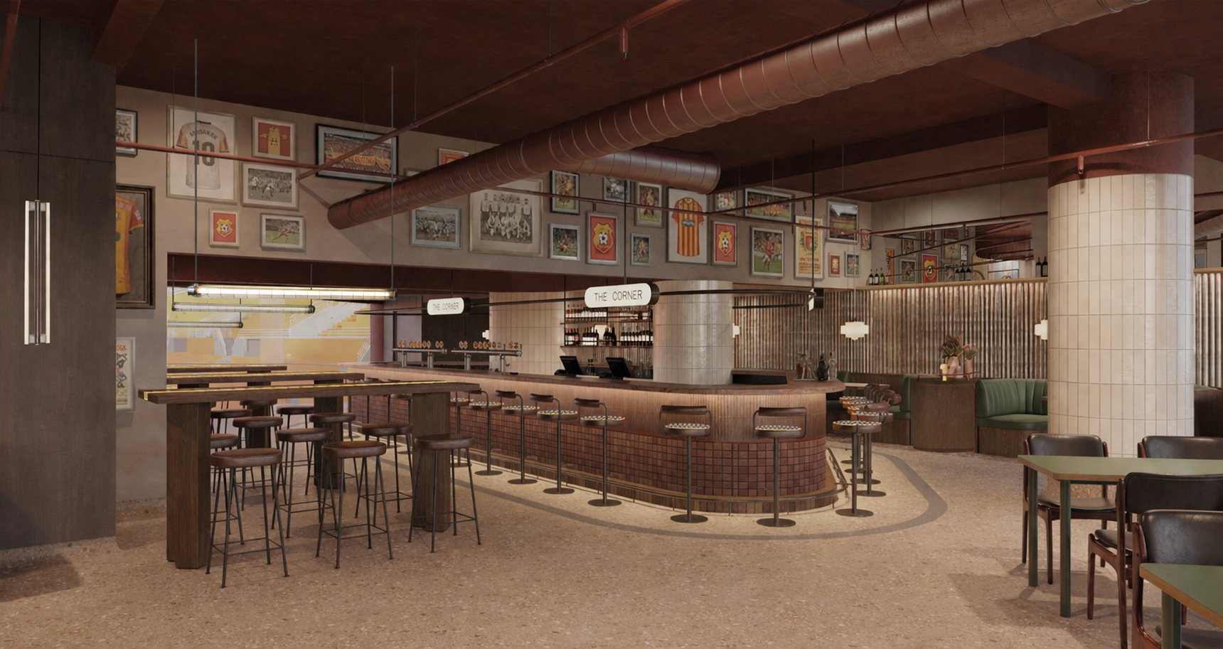 The Corner sports bar with stadium views, curved bar, and vintage soccer memorabilia