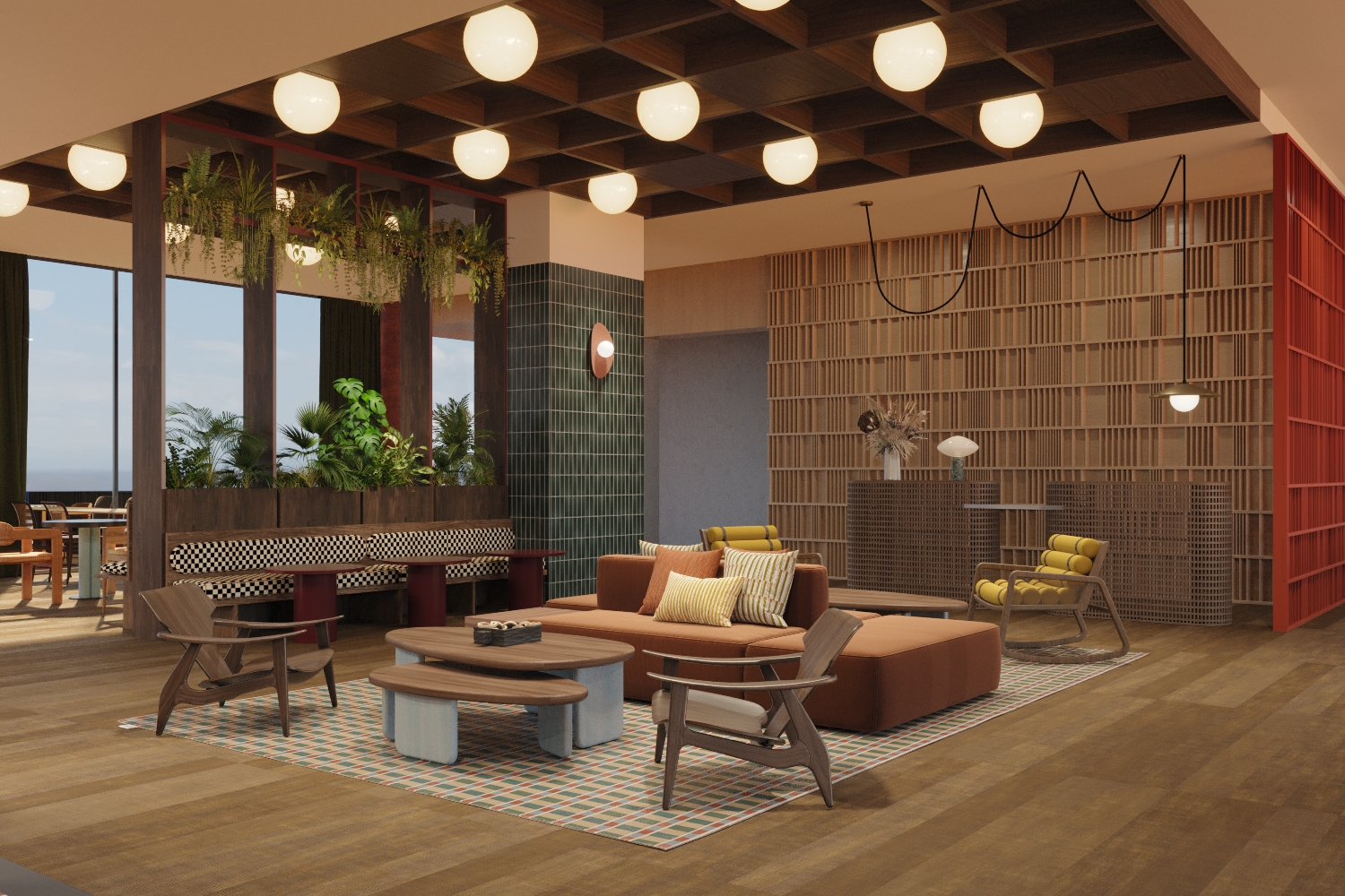 Vibrant hotel lobby with globe lights, plants, and eclectic decor