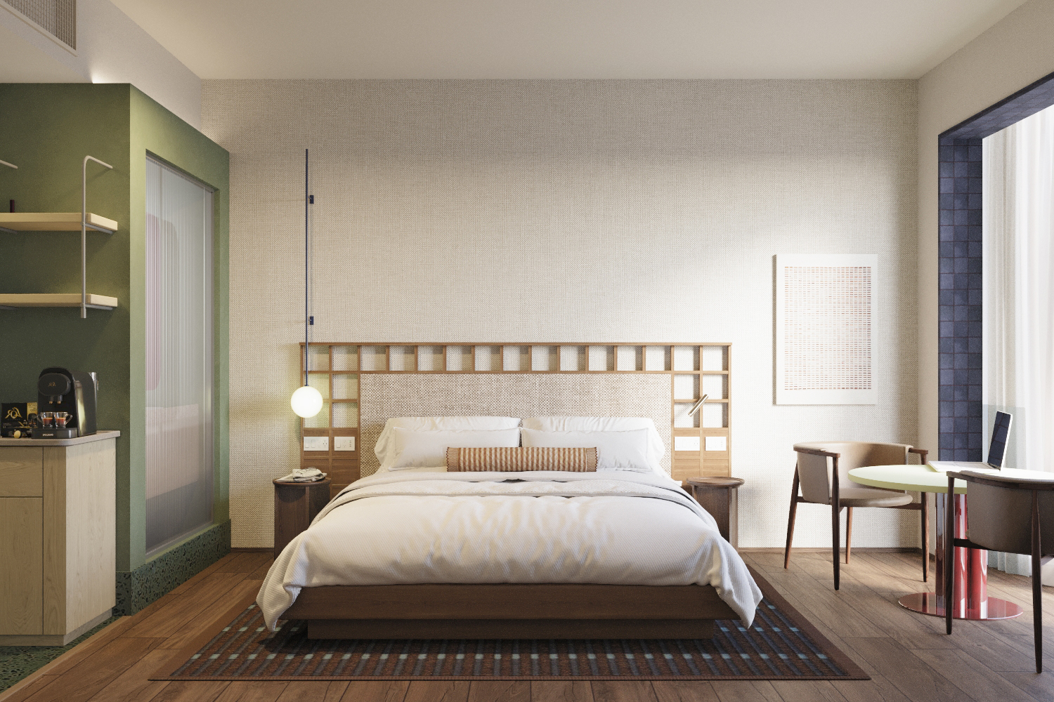 King room with geometric wooden headboard and modern furnishings